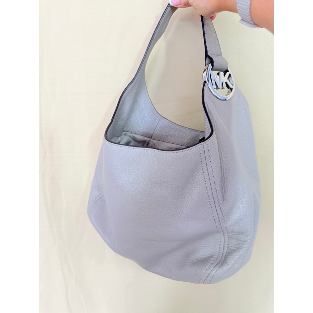 Michael Kors Hobo Bag Womens Large Grey Fulton Pebbled Leather Shoulder Bag MK - Picture 4 of 11